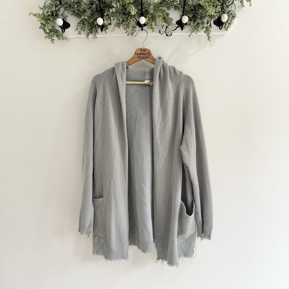 Henry Christ open-front hooded knit cardigan Cashmere Blend Fringe Blue Gray Lux